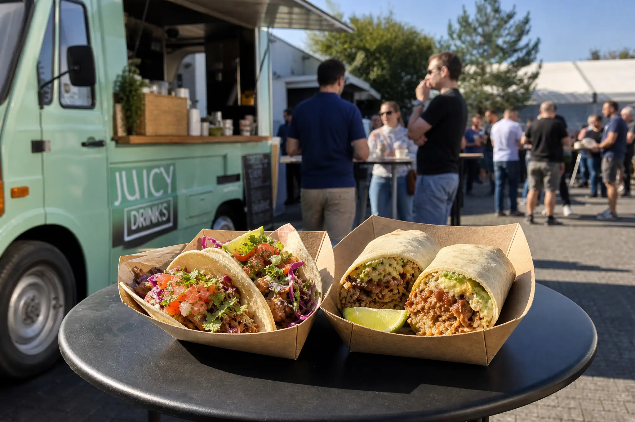 Tacos und Burritos in Pappschalen vor einem mintgrünen Foodtruck