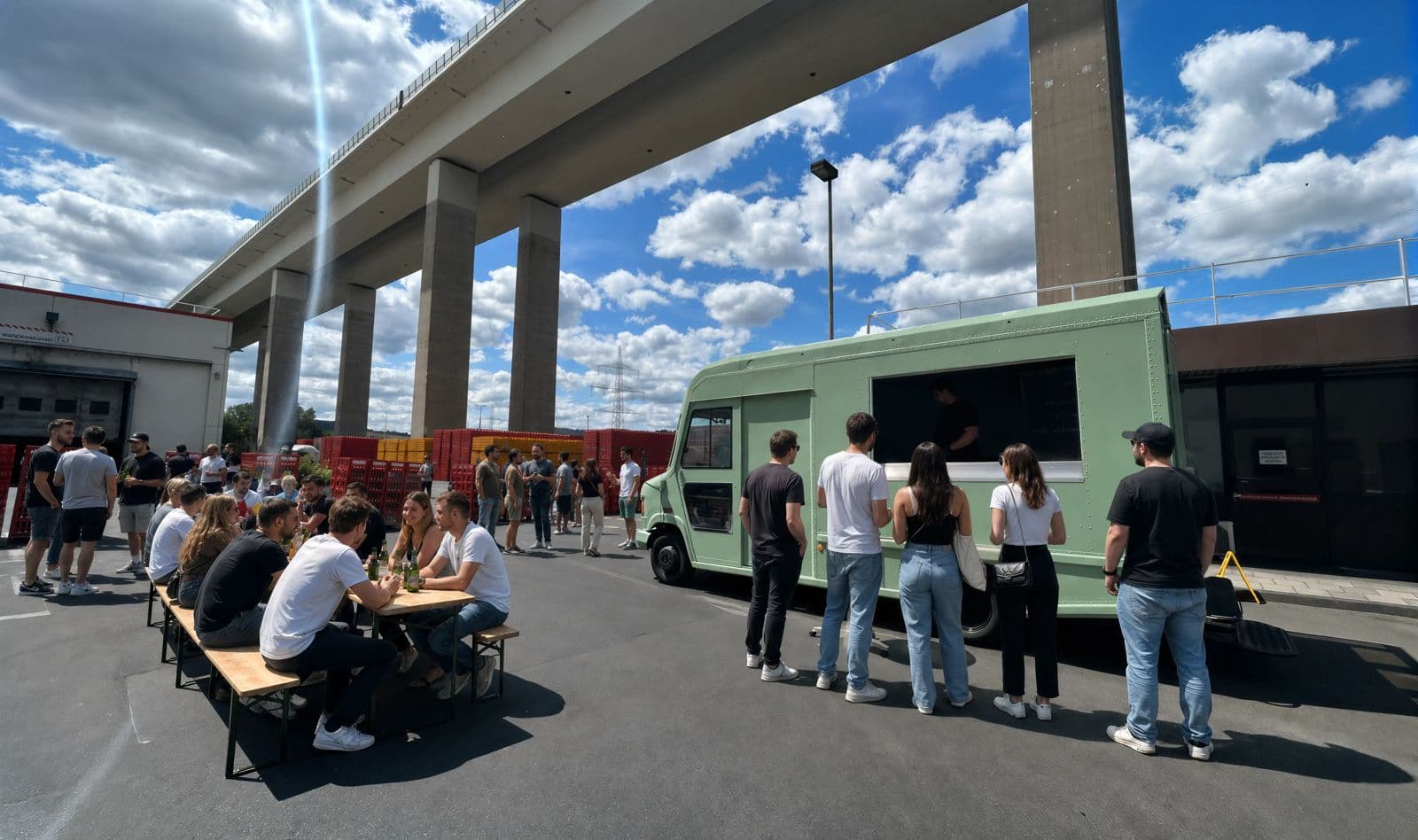 Gäste stehen am Foodtruck an und sitzen an Bierbänken unter einer Brücke